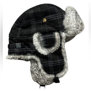 Men's Plaid Trapper Hat with Faux Fur Ear Flaps - Black